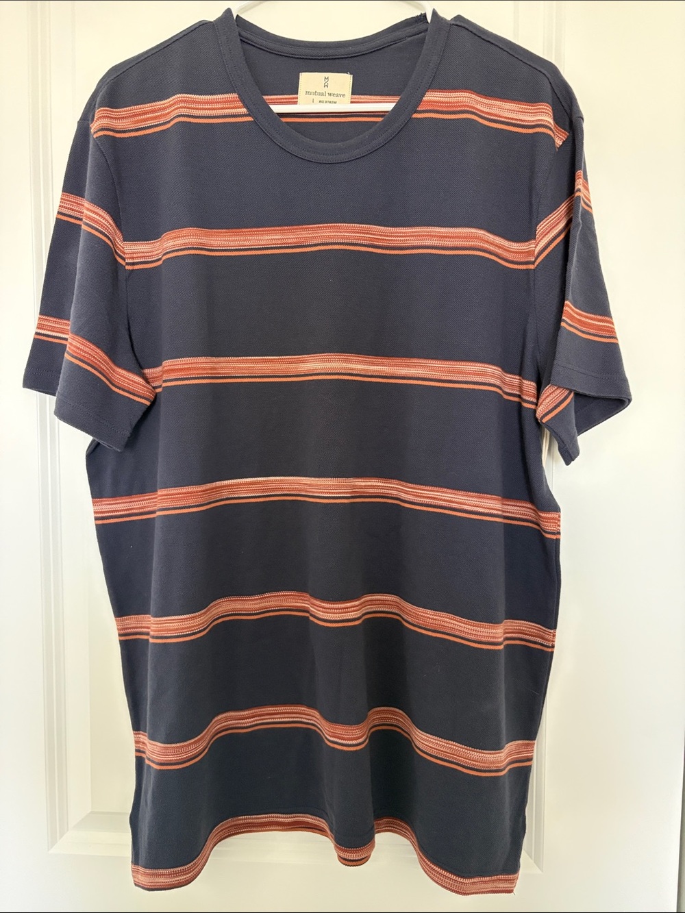 Men's Navy Stripe Crew Neck Tee with Rust Accents